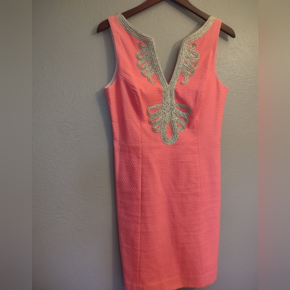Lilly Pulitzer Janice Shift Dress Coral Reef Pink with Metallic Gold Embroidery. - Picture 3 of 13